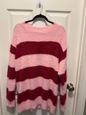 Universal Thread Pink and Burgundy Fuzzy Striped Crewneck Sweater